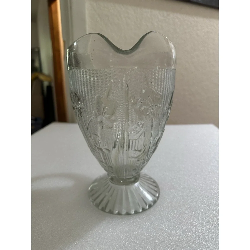 Vtg Clear Depression Glass Jeanette Iris & Herringbone Pitcher & 4 Tall Glasses